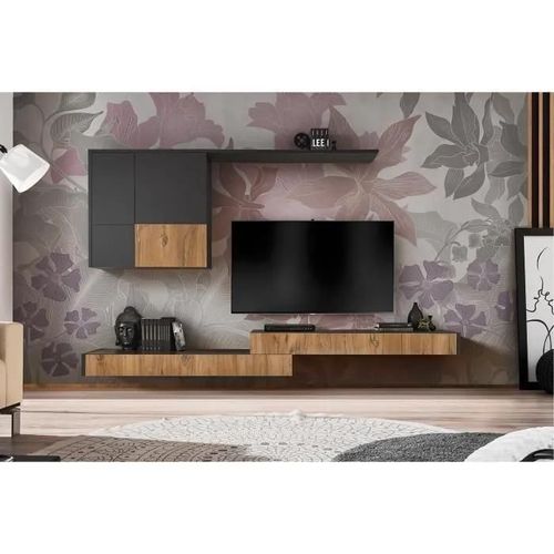 Meuble Tv Mural Loft Small | Corps Anthracite Gris Mat Façade Couleur Chêne Bijoux | L285 X H200 X P42cm
