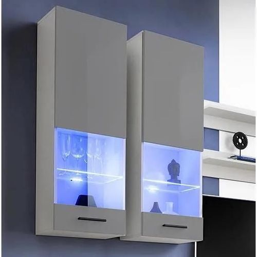 Vitrine T51 Extreme Furniture - Led Bleues - Gris Brillant & Blanc - Façades En Brillant - L40cm X H120cm X P29cm