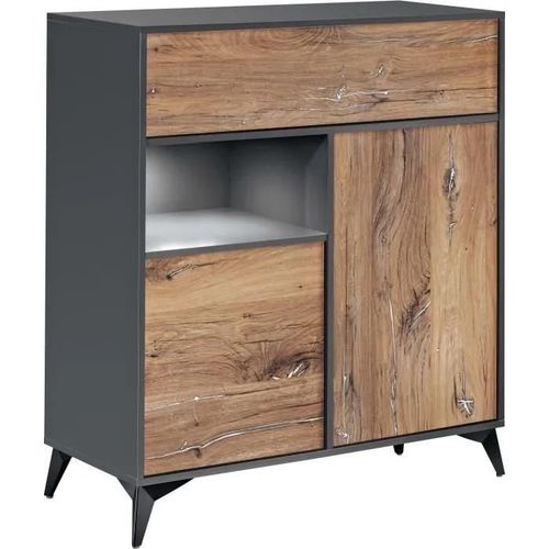 Buffet Avec 3 Portes Orvieto Komodee - Leds Blanches - Chene Bijoux & Anthracite - Facades En Mat - 100x114x40 Cm