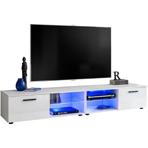 2x Meuble Tv T32-100 - Led Bleues - Blanc Brillant & Blanc - Façades En Brillant - L200cm X H34.5cm X P45cm