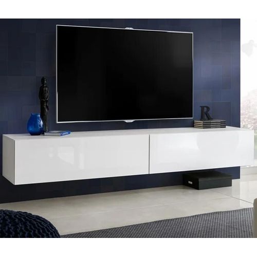 Meuble Tv Loreto Komodee - Blanc Brillant Et Blanc - Facades En Brillant - 200 X 30 X 41 Cm
