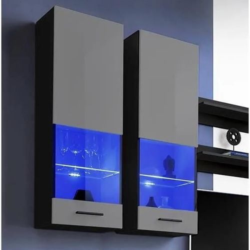 Vitrine T51 Extreme Furniture - Led Bleues - Gris Brillant & Noir - Façades En Brillant - L40cm X H120cm X P29cm