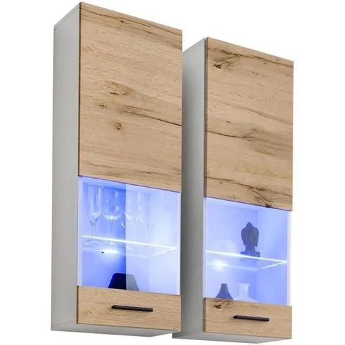 Vitrine T51 Extreme Furniture - Led Bleues - Bois Naturel & Blanc - Façades En Brillant - L40cmxh120cmxp29cm
