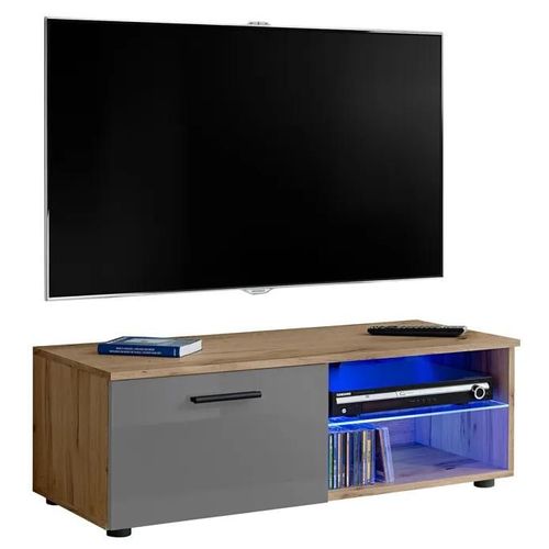 Meuble Tv T32-100 Extreme Furniture - Led Bleues - Gris Brillant & Bois Naturel - Façades En Brillant - L100cmxh34cmxp45cm