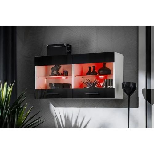 Vitrine Murale Komodee Savona - Led Rvb - Noir Brillant Et Blanc - Facades Brillant - 100 X 50 X 30 Cm