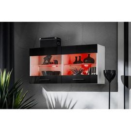 Vitrine Murale Komodee Savona - Led Rvb - Noir Brillant Et Blanc - Facades Brillant - 100 X 50 X 30 Cm