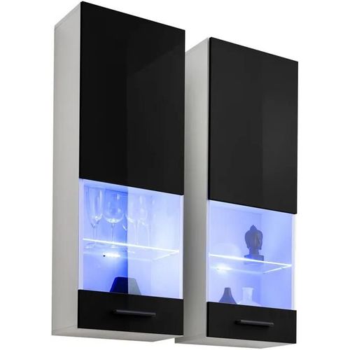 Vitrine T51 Extreme Furniture - Led Bleues - Noir Brillant & Blanc - Façades En Brillant - L40cm X H120cm X P29cm