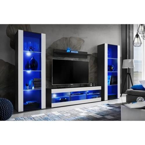 Meuble Tv Tivoli Set Grande Komodee - Led Bleues - Blanc Mat Et Noir - 250cm X 159cm X 35 Cm