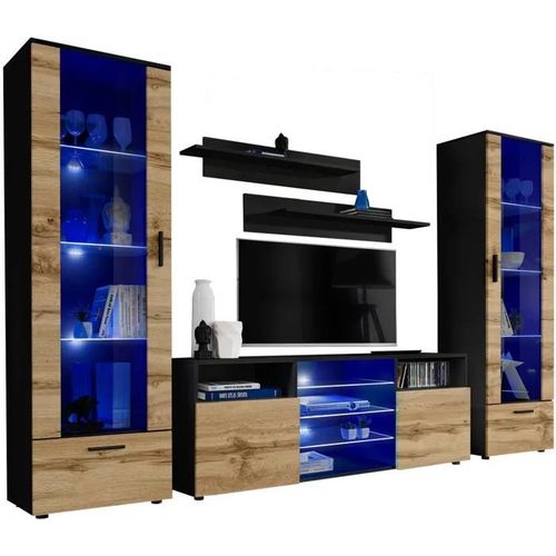 Meuble Tv Tower Extreme Furniture - Led Bleues - Bois Naturel Mat & Noir - L 260cmxh192cmxp42cm
