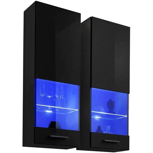 Vitrine T51 Extreme Furniture - Led Bleues - Noir Brillant & Noir - Façades En Brillant - L40cm X H120cm X P29cm