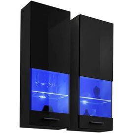 Vitrine T51 Extreme Furniture - Led Bleues - Noir Brillant & Noir - Façades En Brillant - L40cm X H120cm X P29cm