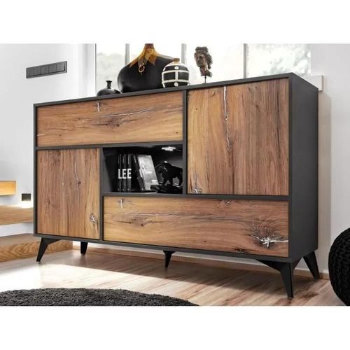 Buffet Avec 4 Portes Orvieto Komodee - Leds Blanches - Chene Bijoux & Anthracite - Facades En Mat - 150x89x40 Cm