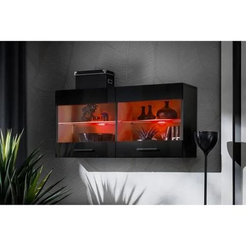 Vitrine Murale Komodee Savona - Led Rvb - Noir Brillant Et Noir - Facades Brillant - 100 X 50 X 30 Cm