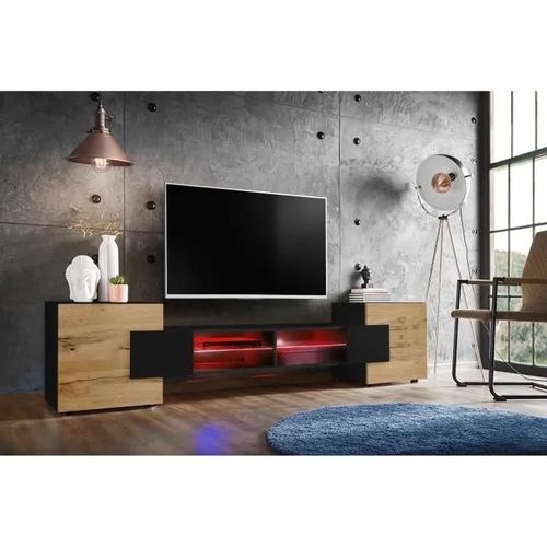 Meuble Banc Tv Merano Version 2 Komodee - Avec Eclairage Led Rgb - Noir Et Bois Naturel - 230 X 53 X 35 Cm