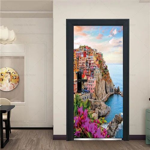 Autocollant de porte de paysage de vue de mer,papier peint auto-adhésif 3D,plage,ciel,paysage,rond,vinyle,PVC,affiche,stickers muraux,décor