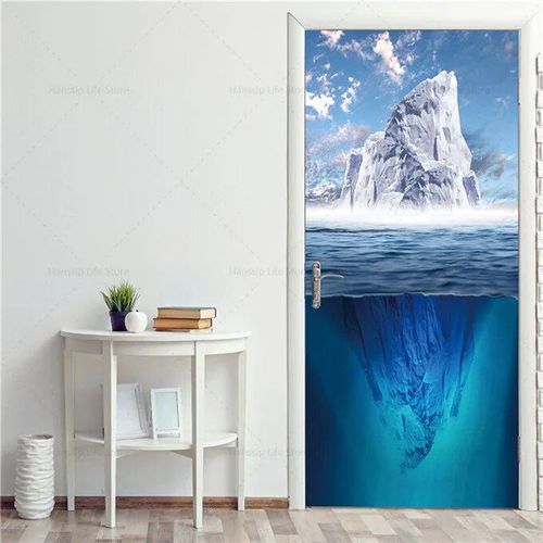 Autocollant de porte de paysage de vue de mer,papier peint auto-adhésif 3D,plage,ciel,paysage,rond,vinyle,PVC,affiche,stickers muraux,décor