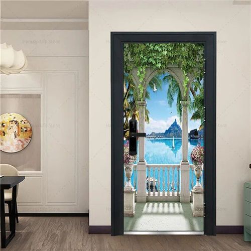 Autocollant de porte de paysage de vue de mer,papier peint auto-adhésif 3D,plage,ciel,paysage,rond,vinyle,PVC,affiche,stickers muraux,décor