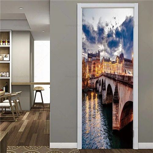 Autocollant de porte de paysage de vue de mer,papier peint auto-adhésif 3D,plage,ciel,paysage,rond,vinyle,PVC,affiche,stickers muraux,décor