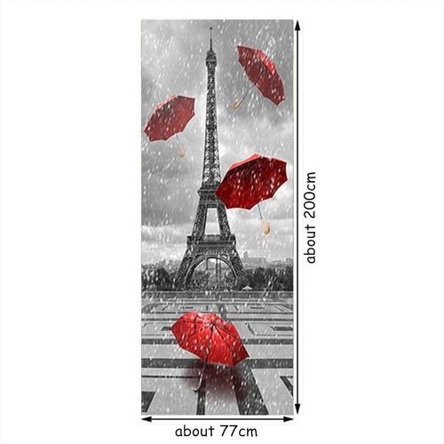 Autocollants de Porte de la Tour Eiffel en Vinyle,Décoration de la Maison,Fenêtre de la Vieille Rue de Paris,Paysage de Pluie,Art Mural 3D,Papier Peint avec Vue sur la Ville,77x200cm