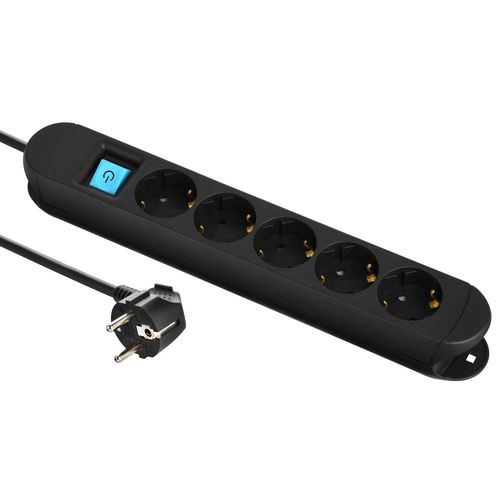 Electraline 62084 Voyage Bloc Multiprise Professionnelle avec 5 prises schuko, câble de 3 m, avec 2 aimants pour la fixation sur des parois métalliques, noire,