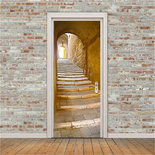 Autocollant mural en vinyle auto-adhésif imperméable,papier peint de porte d'escalier de vue 3D,affiches de bricolage,décalcomanies murales,décor à la maison,2 pièces par ensemble