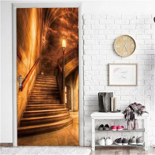 Autocollant mural en vinyle auto-adhésif imperméable,papier peint de porte d'escalier de vue 3D,affiches de bricolage,décalcomanies murales,décor à la maison,2 pièces par ensemble
