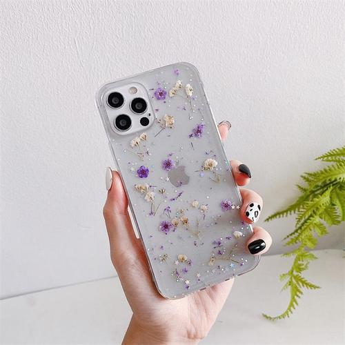 Coque De Téléphone À Motif Floral Sec Étui Transparent À Paillettes En Tpu Résistant Aux Chocs Pour Iphone 14 13 12 11 Pro Max Xs X Xr 7 8 Plus Se