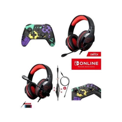 Manette Switch Bluetooth Color Stain Nintendo Pro Gaming + Casque Rouge Switch Pro H3 Spirit Of Gamer Switch Edition
