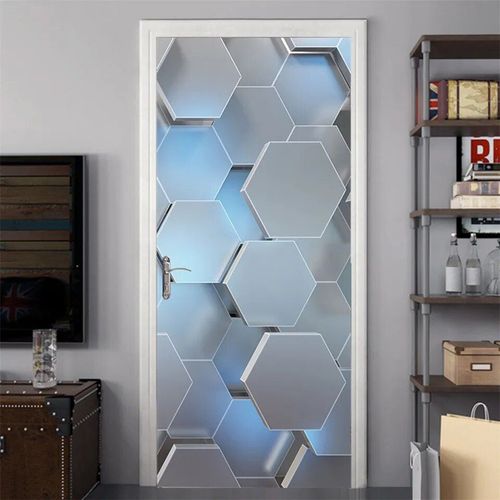 Autocollant de porte hexagonal en vinyle,vue visuelle 3D,papier peint peler et coller,affiche parfaite imperméable,décoration de la maison,Adesivo Porta