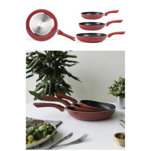 SET DE 3 POÊLES EN ALUMINIUM FORGE ROUGE antiadhésif finition aspect pierre tous feux dont induction Manche en silicones