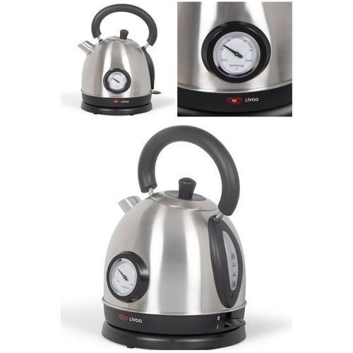 Bouilloire rétro INOX GRISE 1800W avec thermomètre Sans fil Range cordon Arrêt automatique 1.8 Litres