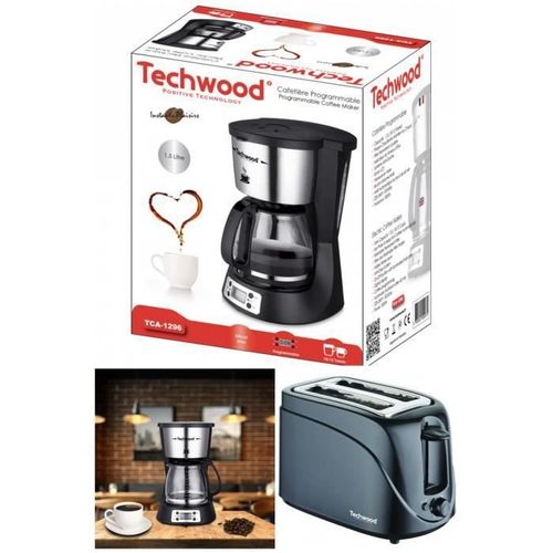 Cafetière Programmable Grise 1.5l 1000w + Grille Pain Noir 700w 2 Emplacements