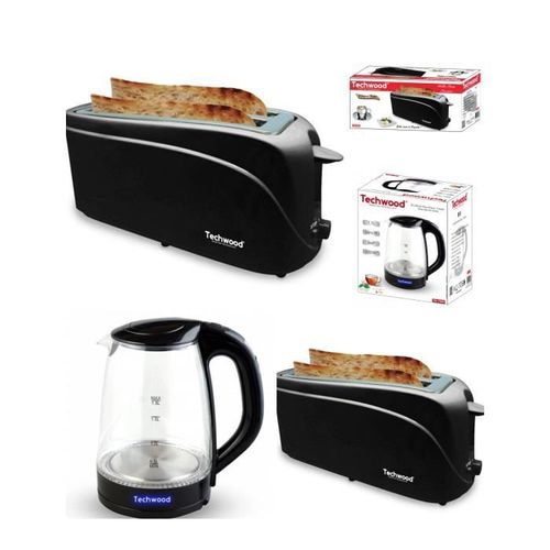 PACK DEJEUNER Bouilloire électrique en Verre Noire Led bleu 1L7 2200W + Grille-pain 2 longues et larges fentes Noir 2 Fentes 1300W