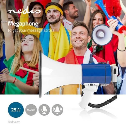 Mégaphone 25W 1500 m 135 dB Microphone détachable Sirène intégrée Bandoulière Blanc Bleu