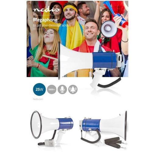 Mégaphone NEDIS - Portée 1500 M, Volume 135 DB, Sirène, Micro Détachable, Bandoulière