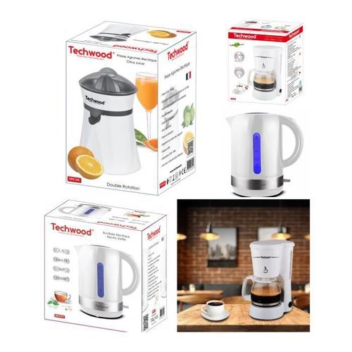 PACK DEJEUNER Cafetière Machine à café Blanche 6 tasses 650W + Presse fruit Blanc + Bouilloire 1L7 Blanche LED bleue 2200W