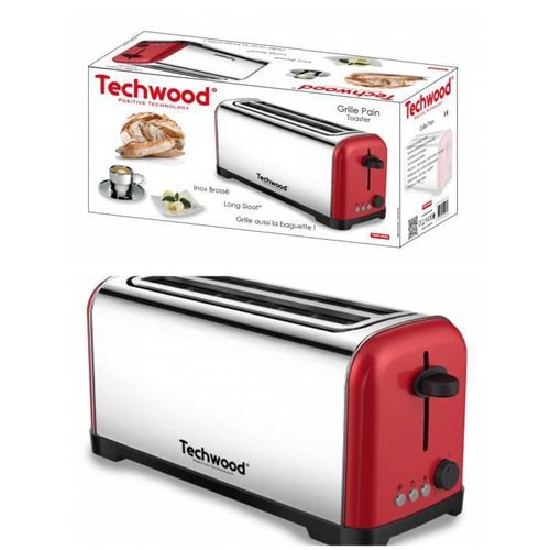 Grille Pain Rouge Inox Brossé 1400W 2 Longues et larges FENTES pour Baguettes