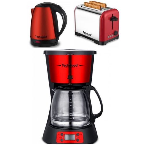 Cafetière Machine À Café Programmable Inox Rouge 1.5l 1000w + Grille-Pain Inox Rouge 2 Fentes 700w + Bouilloire Électrique Inox Roug