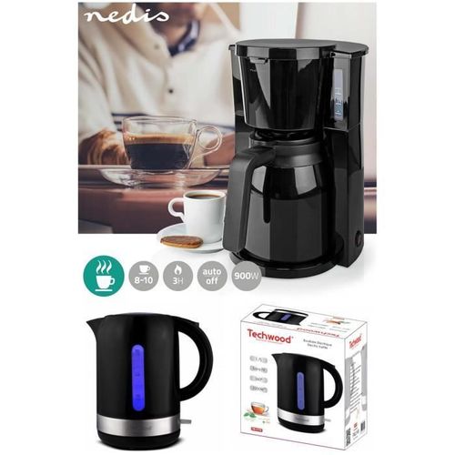Cafetière Machine À Café Electrique Isotherme Noire 1.5l 900w + Bouilloire Électrique Noire Led Bleue 1l7 2200w