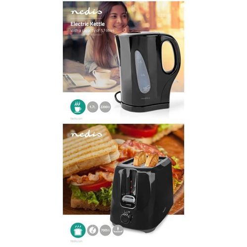 PACK Bouilloire électrique Noir sans fil 1,7L + Grille-pain 2 fentes Noir 3 fonctions avec témoins LED