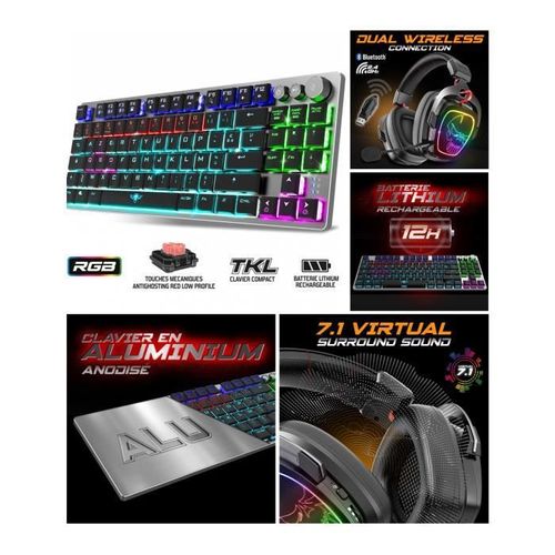 CLAVIER SANS FIL RGB 2.4 GHz Bluetooth et filaire + CASQUE 7.1 sans fil pc Mac Switch Bluetooth mode sans fil 2,4 GHz Connection PS4