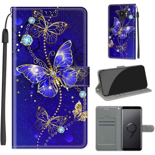 Coque Pour Samsung Galaxy S9, Housse Etui Portefeuille Cuir Multifonction, Fermeture Magnétique À Clapet Anti-Choc Pour Coque Samsung S9 Book - Papillon