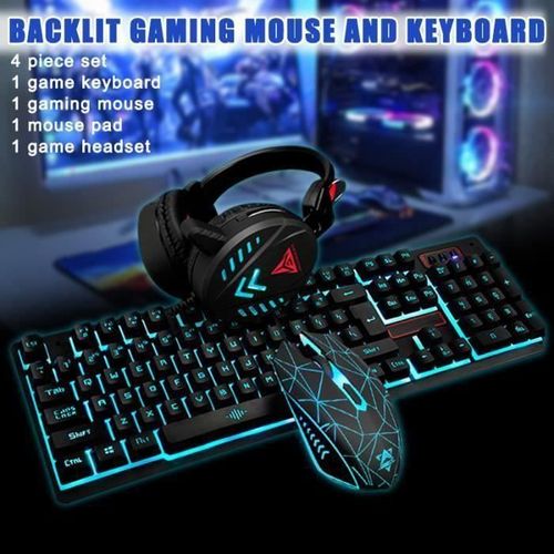 Pack Gamer Clavier+ Souris+Casque Avec Microphone Intégré Et Tapis De Souris Gaming
