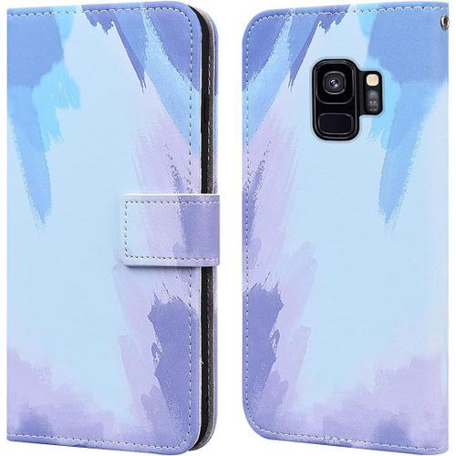 Coque Samsung Galaxy S9,Housse Galaxy S9 En Aquarelle,Protection Avec Fonction Support Fentes,Antichoc Tpu Synthétique De Etui Portefeuille Pour Galaxy S9 5.8"" , Bleu