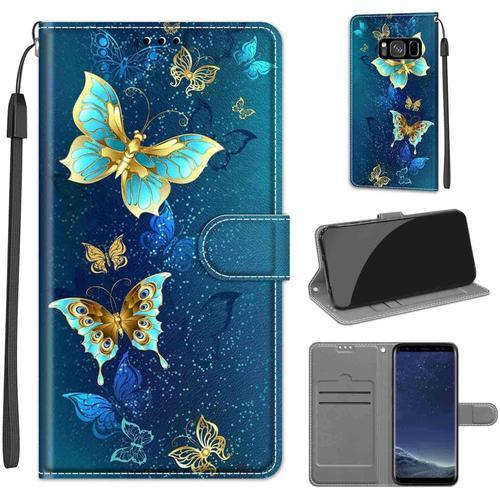 Coque Pour Samsung Galaxy S8, Housse Etui Portefeuille Cuir Multifonction, Fermeture Magnétique À Clapet Anti-Choc Pour Coque Samsung S8 Book - Papillon