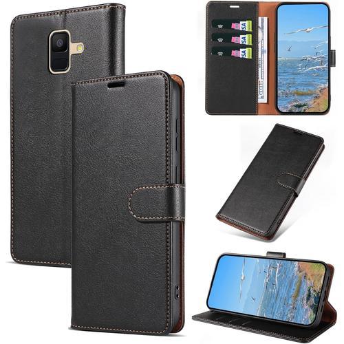 Coque Pour Samsung Galaxy A8 2018, Antichoc Magnetique Étui À Rabat Avec Porte Cartes, Portefeuille Housse En Cuir Pu Coque Pour Samsung A8 2018, Noir