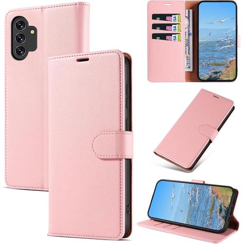 Coque Pour Samsung Galaxy A04s, Antichoc Magnetique Étui À Rabat Avec Porte Cartes, Portefeuille Housse En Cuir Pu Pour Samsung A04s, Rose