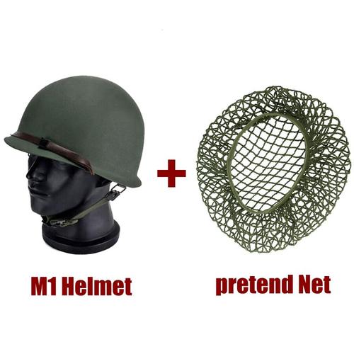 Casque Inclus Net - Casque Tactique Robuste Et Durable De L'armée Américaine, Réplique En Acier Vert M1 De La Seconde Guerre Mondiale Avec Faux Filet Et Sangle Au Menton En Toile