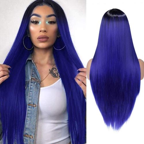 Noir Saphir Bleu - 26 Pouces - Fave Noir/Blanc Demi Perruque Cheveux Longs Raides Fibre Haute Température Perruques Synthétiques Halloween Cosplay Carnaval Costume Pour Les Femmes