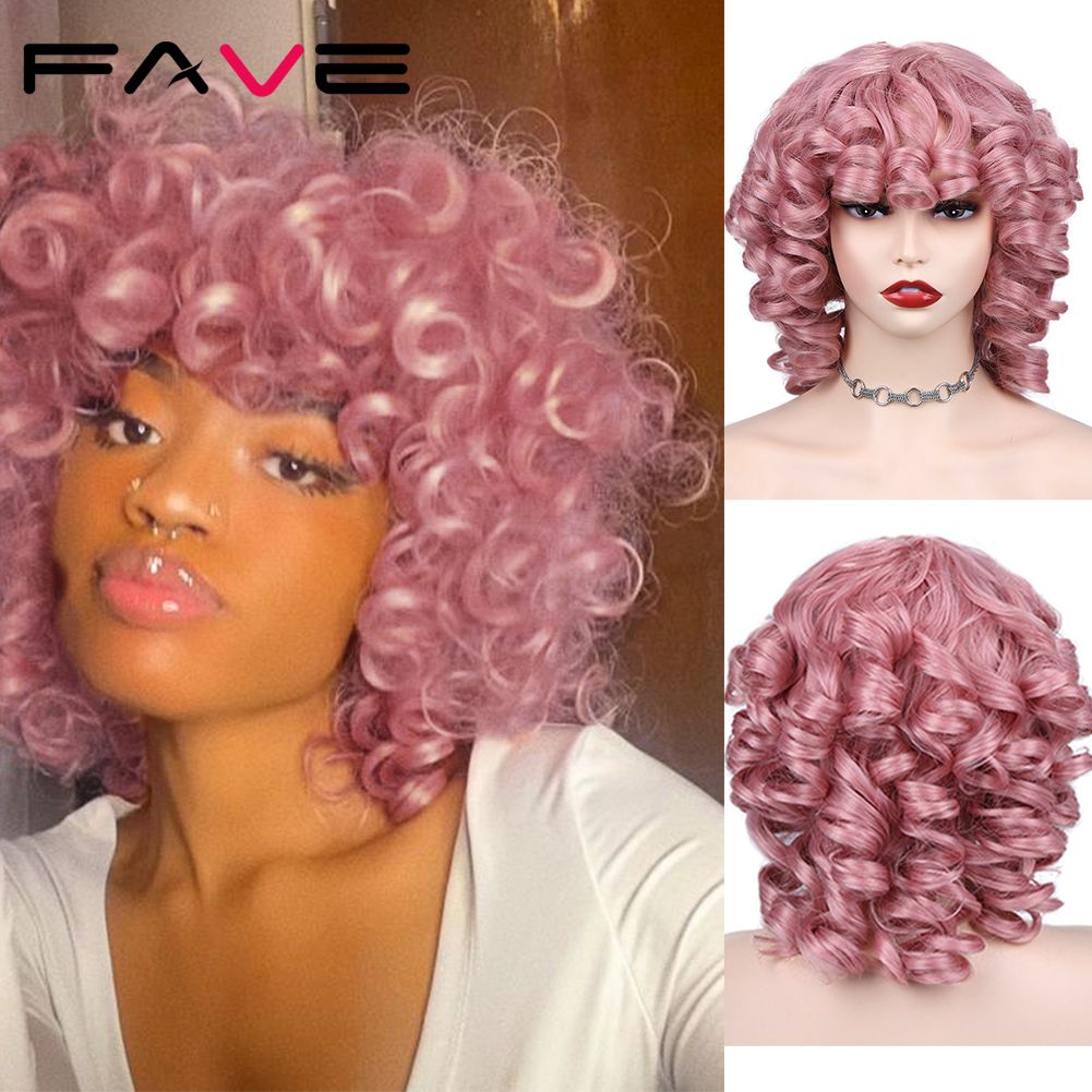 Rose - 12 Pouces - Fave Pink Curly Wigs Weave Loose Fluffy Wavy Short Curly Blonde Curl Afro Cheveux Synthétiques À La Recherche Naturelle Pour Les Femmes Noires Blanches